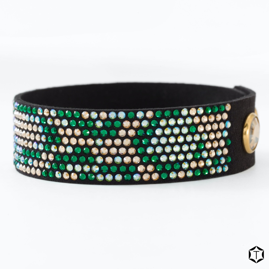 Green, Golden, Clear Crystals On Black Alcantara Band.